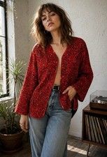 Vintage Chico's Design Red 100% Silk Woven Open Artistic Jacket Size 1 Handwoven picture