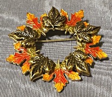 Vintage Kenneth Cole Autumn Leaf Wreath Brooch Pin Fall Color Enamel Leaves picture