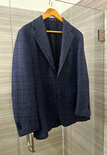 SUITSUPPLY Navy Checked Tailored Fit Havana Blazer, Wool Silk Linen, size 40S picture