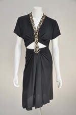 RARE Vintage 1940s Black Midriff Cutout Egyptian Rivival Dress w/ Sequins XS picture