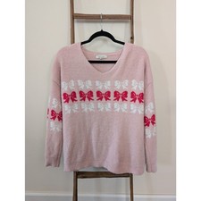 Francesca's M Pink Fuzzy Bow Sweater Coquette Balletcore Holiday V Neck picture