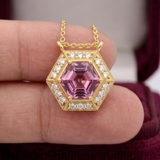Antique Style Pink Sapphire Necklace Octagon Pendant 925 Sterling Silver Bezel. picture