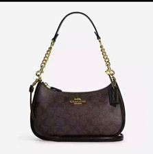 Coach Signature Brown Crescent Shoulder Bag Zip Gold Chain Detach Strap picture
