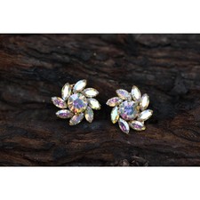 Vintage 1940s Rhinestone Navette Clip Earrings, Aurora Borealis Flower Cluster picture