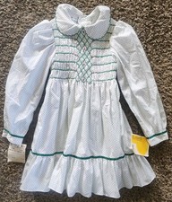 VINTAGE NWT POLLY FLINDERS HAND SMOCKED POLKA DOT DRESS SIZE 6 picture