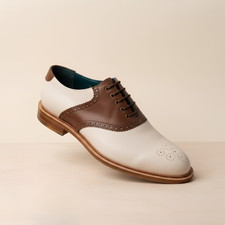 Men's Two-Tone Saddle Oxford Shoes White Brown Leather Cap Toe Brogue Handmade picture