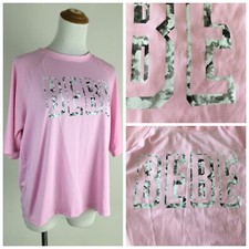 BEBE Sport Womens sz Medium Pink Gray White Logo Print Perf Mesh Shoulder Shirt picture