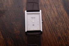 vintage Seiko Slim Tank Quartz Men White Dial Dark Brown leather Dress Watch picture
