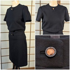 Vtg 1960s Black Knit Two Piece Skirt Set Dress Fur Button Mod Mid Century XS S picture