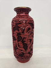 Vintage Chinese Cinnabar Carved Red Lacquer Dragon Motif Brass Base Vase 7
