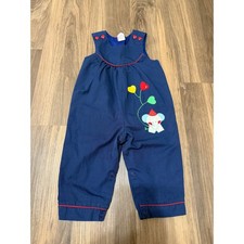 Vintage Elephant Embroidered Jumpsuit Baby 12 Months Navy Blue Heart Buttons picture