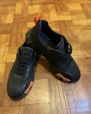 HERMÈS Men’s Black & Orange Leather Low Top Lace-Up Sneakers Rubber Sole picture