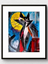 Original Cubist Street Cat 11x14 Acrylic on Paper Signed Contemporary Art P568 picture