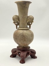Antique Chinese Carved Hardstone Vase Elephant Ring Handles Stone Stand 12