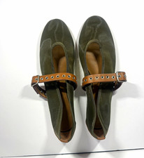 Madewell Women's Green Textile Mary Jane Flats w/ Brown Buckle Strap size 9 picture