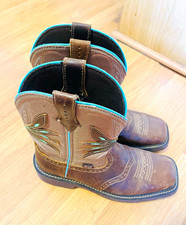 Justin Gypsy Leather Western Boots Brown Turquoise Trim Square Toe US 8.5 GY9536 picture