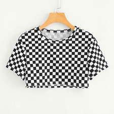 Women's Black/White Check Cropped Crew Neck Short Sleeve T-Shirt Plus 4XL picture
