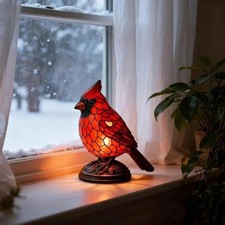 Cardinal Stained Glass Table Lamp Vintage Resin Bird Night Light Home Decor picture