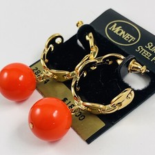 MONET Vintage 80s 90s Gold Tone Chain Half Hoop Orange Ball Pierced Earrings NEW picture