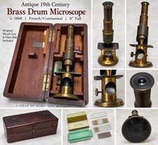 Antique c1860 Brass Drum Microscope 8” Original Wood Case Glass Slides Victorian picture