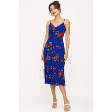 Olivia Grey Floral Midi Dress Blue Poppy Button Front Smocked Back Size M NWT picture