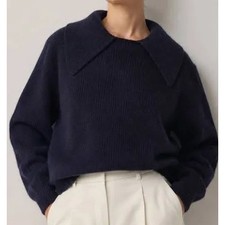 Zara Polo Neck Knit Sweater Women M Wool Alpaca Blue Oversized Wide Lapel Collar picture