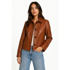 H&M Premium Selection Cognac Brown Genuine Leather Button Front Jacket Womens XS picture