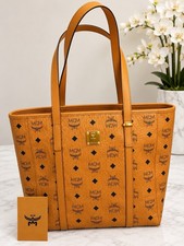 MCM Women’s Cognac Monogram Logo Tote Zip Top Gold Hardware Inner Pockets picture
