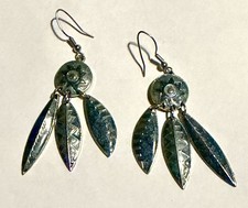 Vintage Signed Edgar Berebi Blue & Green Enamel Feather Dangle Earrings picture
