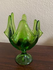Vtg MCM Viking Art Glass 6-Petal Handkerchief Swung Compote Vase – Emerald Green picture