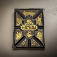 Antique 1880s Victorian Family Holy Bible Leather Genealogy Illustrated Large picture