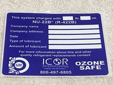 NU-22B (R-422B) Sticker Label, ICOR INTERNATIONAL OZONE SAFE 3.5
