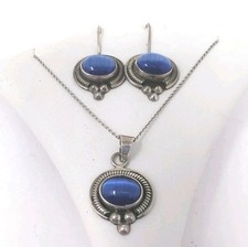 ATI Vtg Mexican Sterling Silver 925 Necklace Earrings Set Blue Cat Eye Glass picture