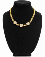 Gold Tone Yellow Gold Plated Cuban Link Heart Pavé Crystal Station Necklace picture