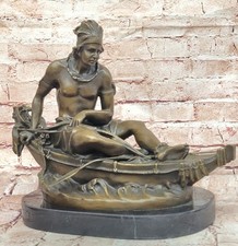 VINTAGE SIGNED DUCHOISELLEI INDIAN WARRIOR BRONZE SCULPTURE STATUE FIGURINE ART picture