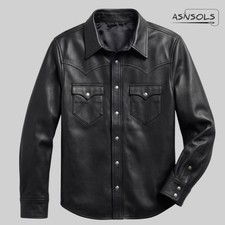 Real Leather Shirt Men Western Trucker Style Black Genuine Leather Casual Shirt picture