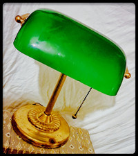 Vintage 1970s Emerald Duckbill Style Desk Lamp Heavy Brass Candle Stick Base picture