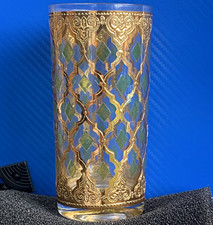 Vintage Culver Geometric 22-ct Gold & Green 12oz Highball Tumbler Glass Moroccan picture