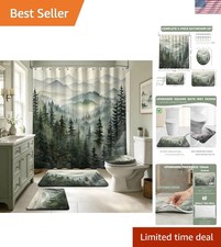 Sage Green Forest Bathroom Shower Curtain Sets with Rugs, Rustic Cabin Shower... picture
