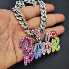 Women Rainbow Color Barbie Icy Charm & Iced Cubic Zirconia Cuban Chain Necklace picture