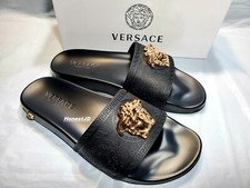 Men's Black Gold Versace Medusa Palazzo Sandals Slides Flip Flops Size 10 10.5 picture