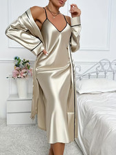 New Elegant Champagne Satin Nightgown Robe Peignoir Set XL NEW picture