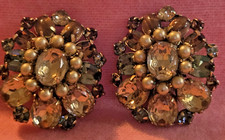 Vintage Signed SCHREINER NY Topaz Smoky Quartz Crystal Faux Pearl Clip Ear picture