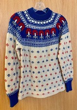 Vintage 1950s GOKEY’S ST. PAUL Cream Blue Red Wool Ski Sweater S-M picture