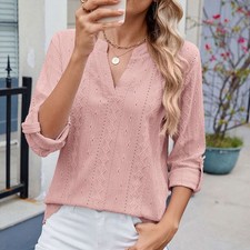 Summer Womens V-Neck Baggy Tops Ladies 3/4 Sleeve T-Shirts Blouse Plus Size US picture