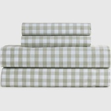 QUINCE NWT Organic Crisp Percale Gingham 4 PC Sheet SET, King, Willowleaf Color picture