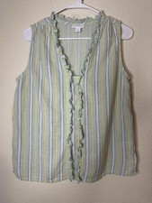 EUC Women’s Liz Claiborne Sleeveless Ruffle Trim Striped Top Yellow/Blue Medium picture