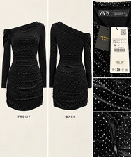 ZARA XS Black Velvet Silver Polka Dot One-Shoulder Ruched Mini Dress Zip picture