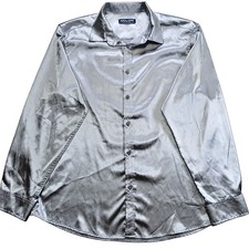 PJ Paul Jones Men’s XL Silver Satin 70s Disco Halloween Costume Dress Shirt picture