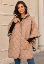 NEW BURBERRY LUXURY QUILTED CAMEL PONCHO W/CHECK PRINT LINING M/L picture